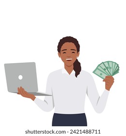 Young woman making money in internet concept. Winning plenty of money in social media on laptop. Holding cash. Flat vector illustration isolated on white background