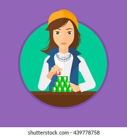 Young woman making pyramid of network avatars. Woman building her social network. Networking and communication concept. Vector flat design illustration in the circle isolated on background.