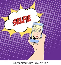 Young woman making "selfie". Illustration in pop-art style. Vector