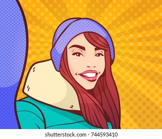 Young Woman Making Selfie Photo Portrait Wearing Winter Clothes Over Colorful Retro Style Background Vector Illustration