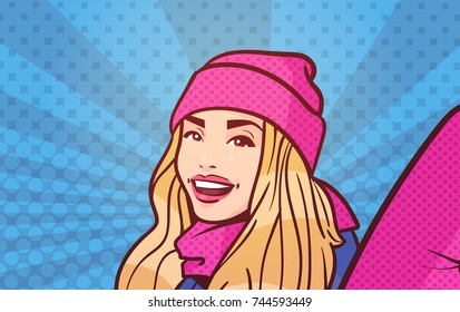 Young Woman Making Selfie Photo Portrait Wearing Winter Clothes Over Colorful Retro Style Background Vector Illustration
