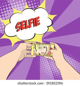 Young woman making "selfie". Vector illustration