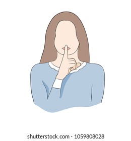Young woman making sign with her finger to keep silence. Vector illustration.
