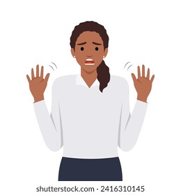 Young woman making stop with her hands. Say No or not me. Flat vector illustration isolated on white background