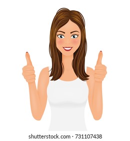 Young woman making a thumbs up gesture. Smiling pretty girl in white t-shirt vector illustration.