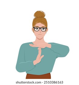 Young woman making time out gesture asking to end. Flat vector illustration isolated on white background