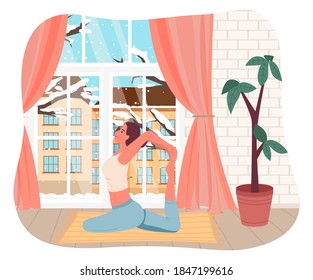 Young Woman Making Yoga Exercise At Carpet On Floor. Snowy Winter Outside Window. Sports Flexible Girl Wearing T-shirt And Leggings Making Stretching Exercises For Healthy Body. Leisure Time At Home