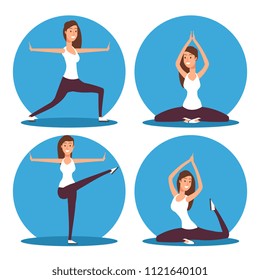 Young woman making yoga exercises and meditation vector illustration icons of set isolated on white