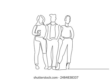 young woman male friends university friends together full body length pose one line art design vector