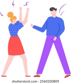 Young woman and man arguing and gesturing angrily during quarrel, disagreement or fight, conflict between people, misunderstanding in relationship, problems in communication