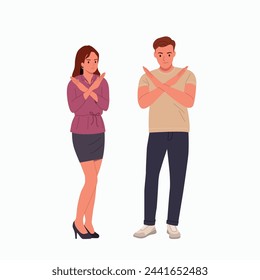 Mujer joven y hombre con los brazos cruzados muestra un gesto negativo y stop.Vector ilustración de estilo plano de dibujos animados