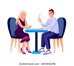 Young woman and man in cafe with cocktails. Two happy people sitting on chairs at table with glasses talking together vector illustration isolated on white.