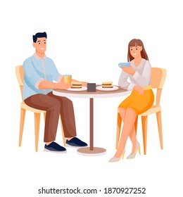 Young woman and man in cafe with coffee or tea and cakes. Two happy people sitting on chairs at table with cups and plates with sweet food talking together vector illustration.