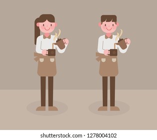 Young woman and man in cafe staff. Vector Flat style character illustration EPS10