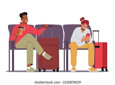 Personajes femeninos y masculinos jóvenes sostienen Smartphone y café en manos esperando la salida en la terminal del aeropuerto aislados de fondo blanco. Viaje de vacaciones en verano. Ilustración del vector de dibujos animados