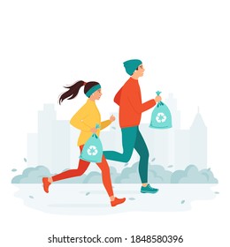 Young woman and man collects litter, garbage, waste while jogging. Plogging in the city park. Eco and environmentally friendly ecological concept. Healthy family lifestyle.Isolated vector illustration