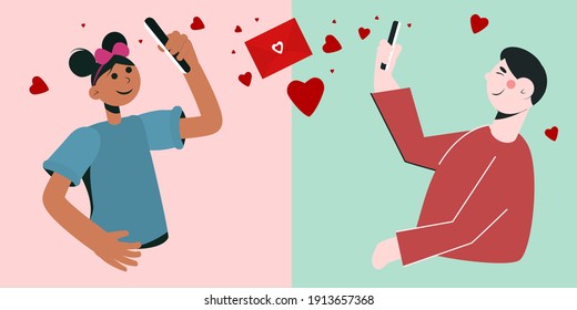 a young woman and a man communicate online. Illustration on the theme of virtual dating, dating and Valentine's Day