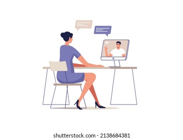 Young woman and man communicate online using a mobile devices. Concept of video call conference, remote working from home or online meeting. Vector illustration.