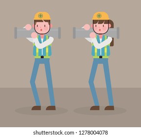 Young woman and man construction worker. Vector Flat style character illustration EPS10