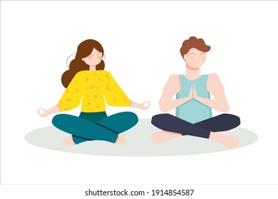 Young woman and young man Couple doing yoga and meditation at home and strengthening their immunity. Cute flat vector illustration.  Mental health concept.