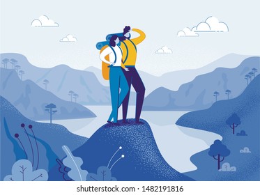 Young Woman and Man Couple Hiking in Mountains Flat Cartoon Vector Illustration. Friend Characters with Racksack in Journey with River or Lake on Background. Boy Looking ahead. Trip or Adventure.