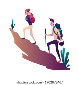Young woman and man couple hiking in mountains. Concept friend characters with equipment in journey on hills. Discovery, exploration or adventure tourism and travel. Flat vector illustration