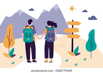 Young woman and man couple hiking in mountains. Friends with backpacks on journey, nature landscape on background. Characters back view. Travel, vacation or adventure. flat vector illustration