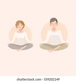 Young woman and man couple meditating in lotus pose. Relaxation, isolated people illustration.