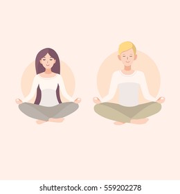 Young woman and man couple meditating with crossed legs. Relaxation, isolated people illustration.