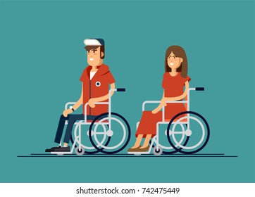 Young woman and young man with a disability. Colorful flat style cartoon vector illustration. Person who uses a wheelchair