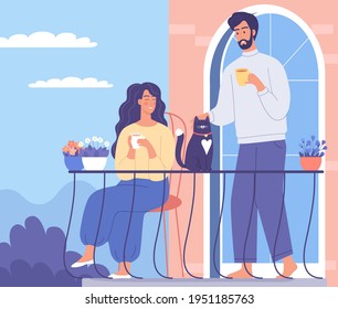 Young woman and man drinking morning coffee on their balcony vector illustration. Stay home.