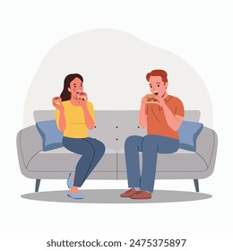 Young woman and man eats fast food on the sofa. Flat style cartoon vector illustration. 