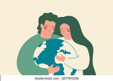 Young woman and man embrace green planet Earth with care and love. Family support the Environment conservation and energy-saving concept. 