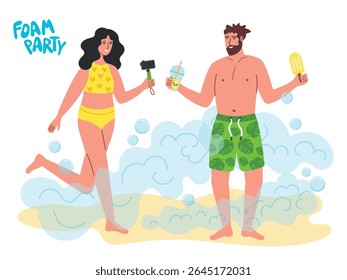 Young woman and young man enjoying foam party together. Vector illustration of happy couple in swimsuits taking photo, drinking cocktails on beach foam party.