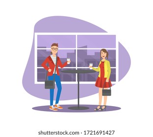 Young Woman and Man in Fashion Clothing Standing and Drinking Coffee at Cafe Vector Illustration