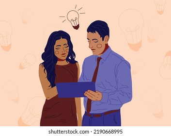 Young woman and man finding new idea. Shiny light bulb. Work, team work on the project, standing together, brainstorming. Flat Vector Illustration