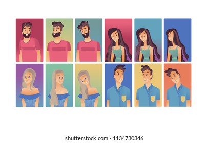 Young woman, man flat avatar for social networks, blogs use set. Long haired smiling girls in dress, male characters in tshirt portraits. Vector illustrations in colored squares