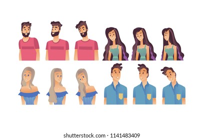 Young woman, man flat avatar for social networks, blogs use set. Long haired smiling girls in dress, male characters in tshirt portraits. Vector illustration