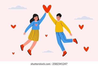 A young woman and a man are floating in the air, catching a heart. Concept of love, infatuation. Supporting,Warm,loving relationships. Family people trust,help to each other. Flat vector illustration