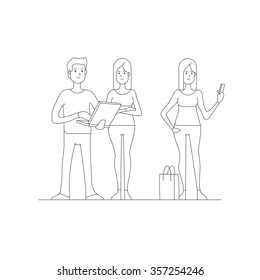 Young woman and man man with gadgets. Business people. Office workers. Character set. Vector illustration.