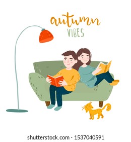 Young woman and man with a ginger cat in a sofa. Autumn vibes lettering. Vector illustration in flat cartoon style 