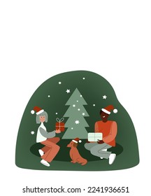 Young woman and a man give each other gifts, family couple Xmas eve. Boxing day. New year celebration, concept banner, poster modern flat vector illustration