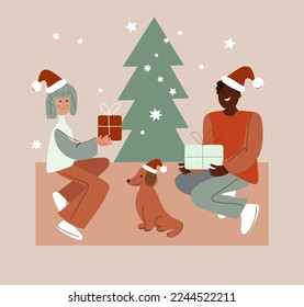 Young woman and a man give each other gifts, family couple Xmas eve. Boxing day. New year celebration, concept banner, poster modern flat vector illustration