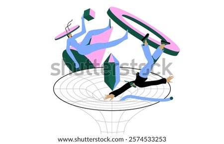 A young woman and man with goggle floating among geometric shapes. Concept of surealism, gaming, immersive experience, metaverse or virtual reality.