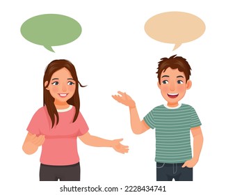 young woman and man having conversation talking to each others