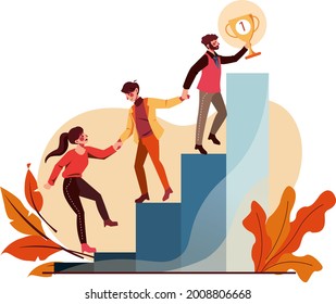 Young woman and man helping and growing together Illustration concept. Flat illustration isolated on white background.