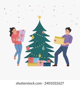 Young woman and man hold gifts boxes. Christmas tree. Vector flat style cartoon illustration