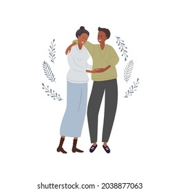 Young woman and man hold hands and hug. Two happy people smile. African American Heterosexual couple on date. Love, romantic relationships, family Flat vector illustration