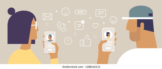 Young woman and man hold a mobile phone in hands. Online communication. Social networks and dating sites. Vector concept illustration with set of line icons 