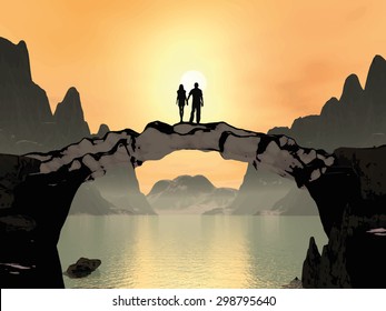 Young woman and man holding hands, standing on a bridge at sunset. In the mountains near the lake. The image is drawn in the 3D. Vector Illustration EPS 10